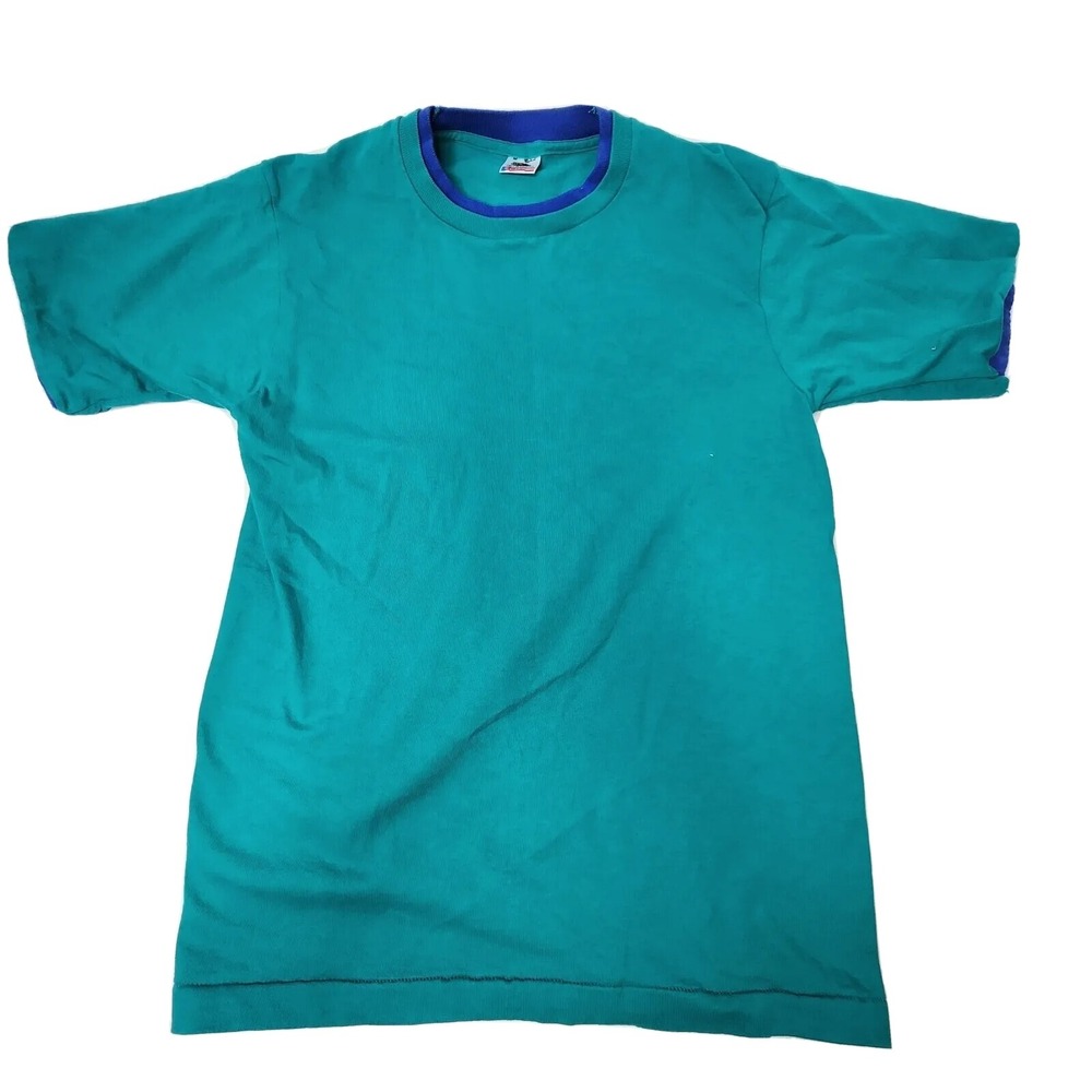 Fruit Of The Loom Adult Medium Blank Double Layer Teal w Purple T-Shirt Made USA